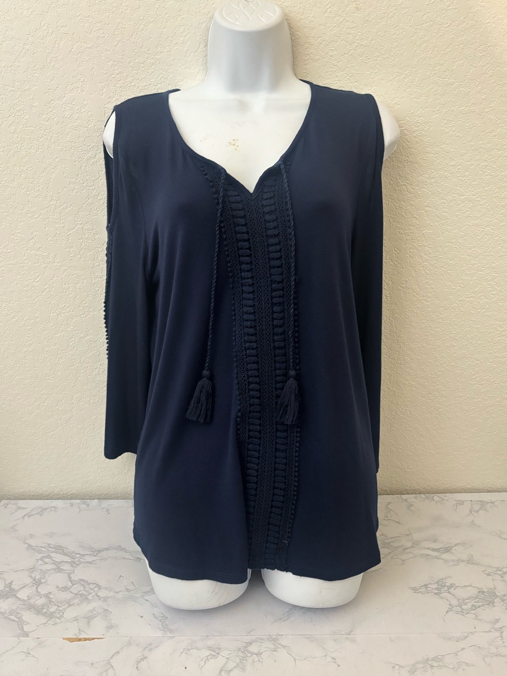 Style & Co Blue Top Women's S Long Sleeve Cold Shoulder Peasant Bell Ruffle